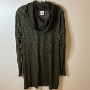 CAbi Women's OliveGreen Cowl Neck Sweater Dress with Cinch Waist Ribbon.